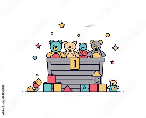 Toy storage solution theme centered on a chest with neatly arranged stuffed animals and building blocks, representing order and accessible play materials. The