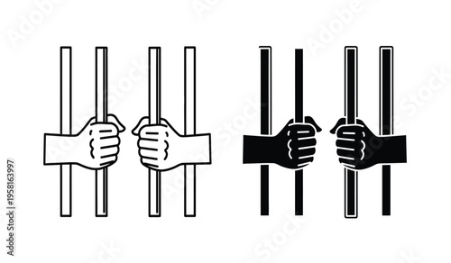 Silhouette of hands grasping prison bars with contrasting white and black fists