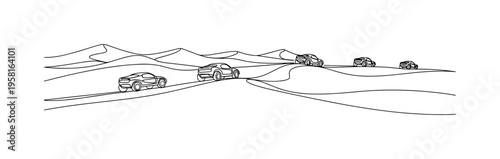 Dune Adventure Scene. Minimalistic one-line drawing group of vehicles navigating desert dunes, continuous single black line on white background, simple outline