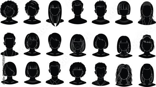 Set of diverse male and female avatar silhouettes faces with various hairstyles isolated on light background minimal flat vector illustration modern profile icons