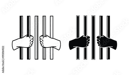 Silhouette of two fists reaching through prison bars symbolizing hope and freedom with contrasting black and white hands