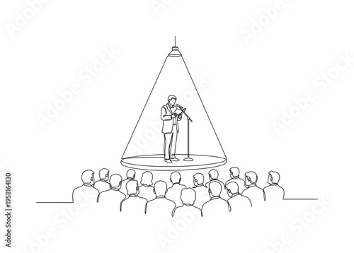 Stage Spotlight Poet. Minimalistic one-line drawing poet standing under a spotlight reading to a gathered audience, continuous single black line on white
