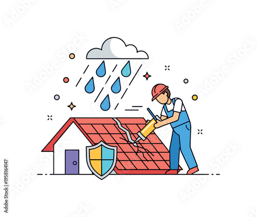Rainy day roof maintenance scene with angled raindrops and a worker applying sealant to a crack. A small shield icon reinforces safety and home protection.