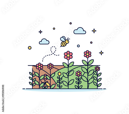 Biodiversity support with flowering cover crops illustrated by a compact field scene featuring blooming plants and a small bee hovering above, symbolizing