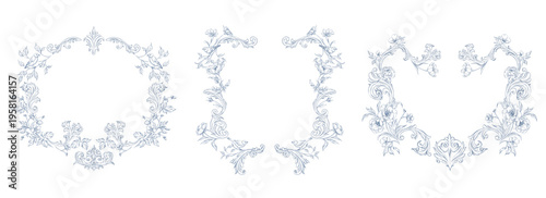 Obraz na płótnie Line art vintage floral crests set, blue toile de jouy victorian baroque flowers