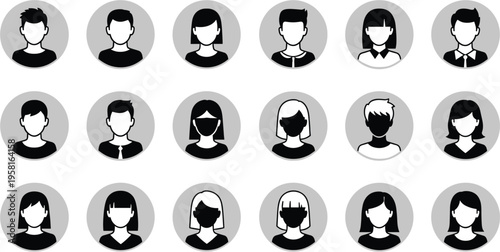 Set of diverse user avatar profile icons male and female faces different hairstyles minimal flat vector illustration isolated on light background modern design