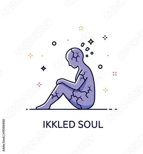 Cracked soul concept with a figure seated quietly, subtle silhouette cracks and tiny floating fragments suggesting inner reflection, delicate emotions, and