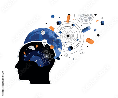 night sky filled with swirling thoughts emerging from a black and white human head silhouette, cut-out photo style with white outline, large deep blue circle