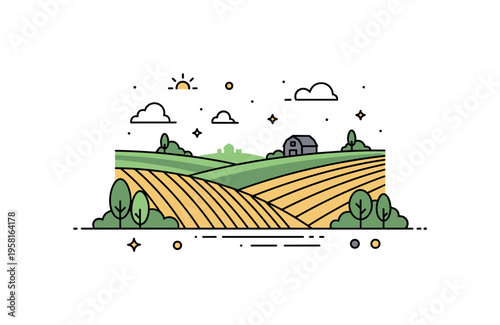 Open farmland landscape centered on a simple grassy field with gentle rolling hills and a small barn silhouette far on the horizon. The composition reflects