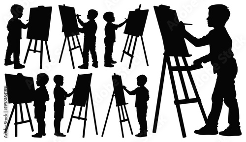 Young Boy Artist Silhouette Collection Painting on Canvas Easels Isolated, Transparent Background