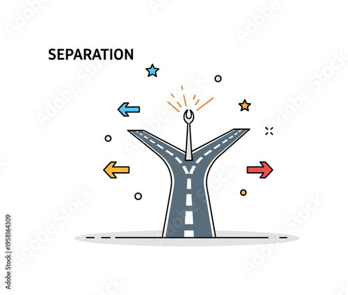 Separation diverging paths with a fork in the road representing choices, separation, and different directions in life or decisions. Decorative spark icons and