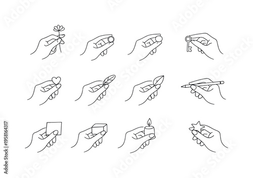 Fingers Holding Something. Minimalistic set one-line drawing fingers holding flower, fingers holding ring, fingers holding coin, fingers holding key, fingers