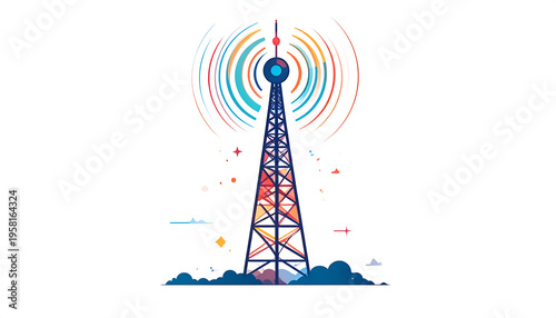 Radio tower emitting signals in colorful graphic style on white backdrop; communication