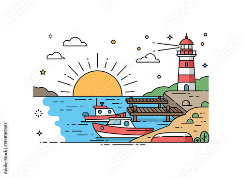 Harbor view at sunrise featuring a calm waterfront with small boats resting near a wooden dock while a lighthouse stands quietly on the shoreline. The scene