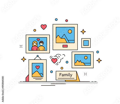 Celebrating family memories decorative arrangement of framed photos with a small caption card reading ?Family?. Warm visual metaphor of love, connection, and