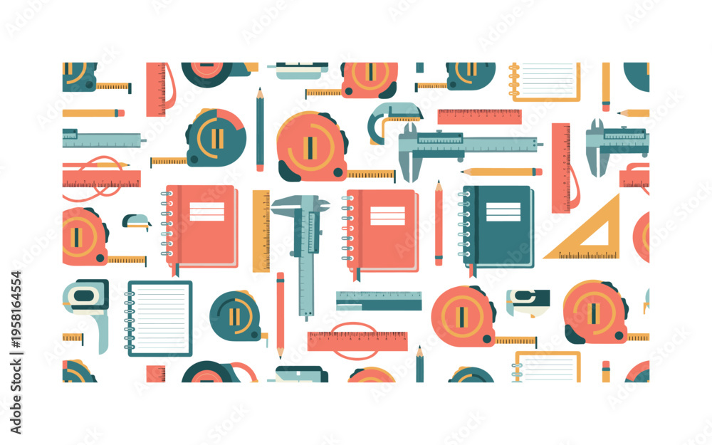 Fototapeta premium precision measurement seamless pattern, tape measures, calipers, rulers, notebooks, pencils and tools arranged in a repeating pattern, white background with