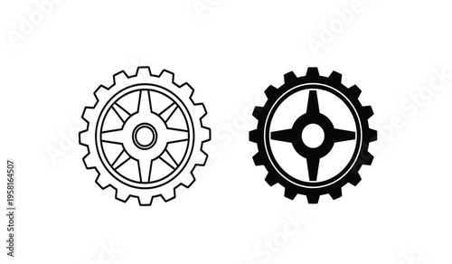 Two gear silhouettes with distinct designs on a white background silhouette