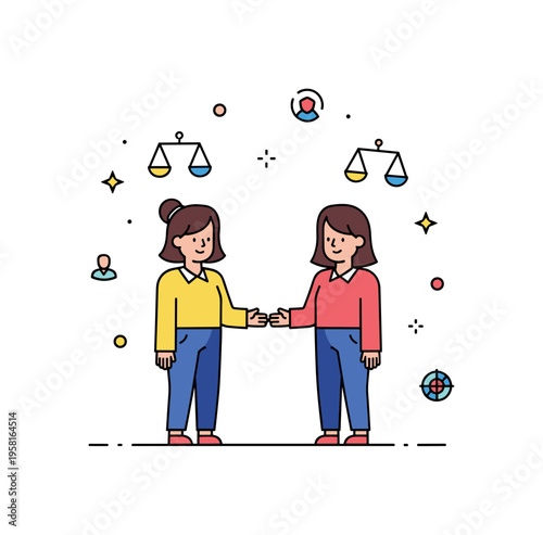 Civility and mutual respect two characters standing calmly with open posture while small balance symbols and gentle sparkles represent fairness, empathy and