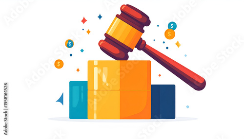 Red gavel striking on gold pedestal in flat vector style against white background