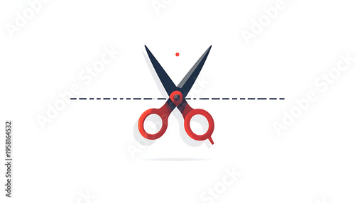 Red handled scissors cutting a dashed line in vector illustration against white backdrop