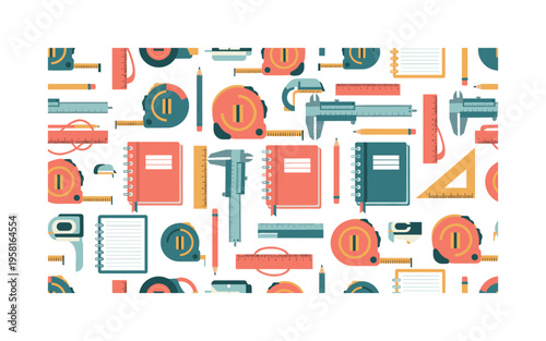 precision measurement seamless pattern, tape measures, calipers, rulers, notebooks, pencils and tools arranged in a repeating pattern, white background with