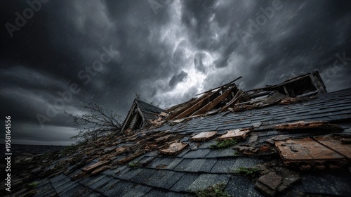 A dramatic close-up view of a severely damaged roof during a torrential storm.