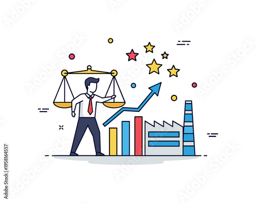 Scaling a business entrepreneur adjusting a rising graph beside a small factory or office building icon while stars emphasize achievement. The scene represents