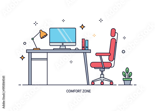 Minimal ergonomic home office featuring a clean desk, properly positioned screen and supportive chair with armrests. Balanced layout and a compact ?Comfort