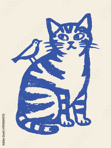 Cat with bird naive hand drawn vector illustration