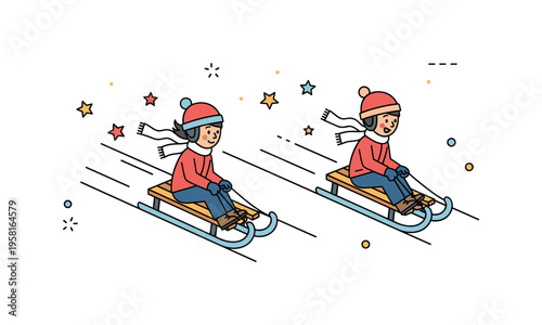 Kids racing on sleds playful winter moment where two children glide down parallel snowy slopes while small star shapes highlight speed and friendly