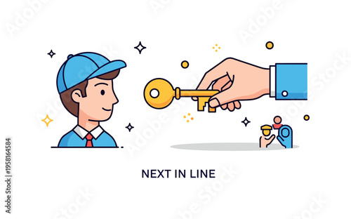 Heir receiving a symbolic golden key from an older hand, representing legacy, responsibility and continuity of tradition. A subtle ?Next in Line? caption and