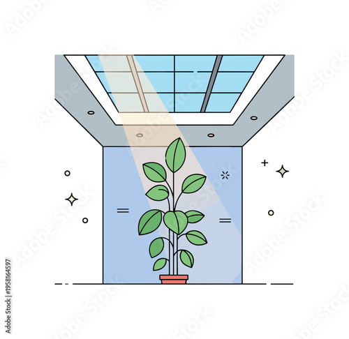 Indoor atrium garden featuring a tall leafy plant growing beneath a wide skylight while soft sunlight beams gently into the space. The calm architectural