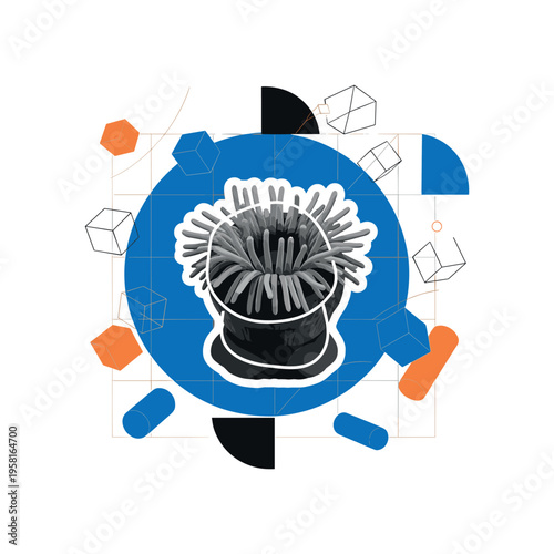 retro ocean biology poster concept with a black and white sea anemone specimen centered in frame, white contour cut-out outline around organism, bold blue