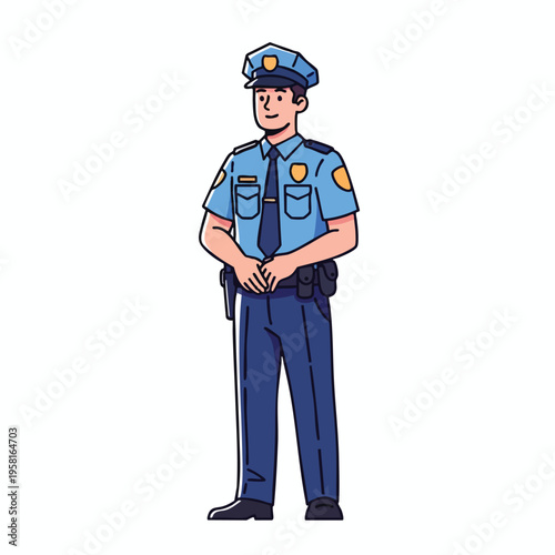 A male police officer stands attentively in uniform, hands clasped