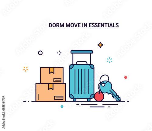 Dorm move in day essentials a small stack of labeled boxes beside a rolling suitcase and dorm key symbol capturing the excitement and preparation of arriving