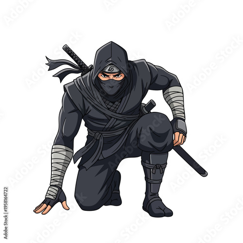 Stealthy warrior in dark attire, poised on one knee, ready for action