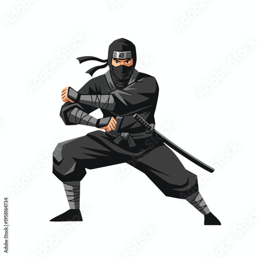 Black clad warrior with sword poised in a defensive stance