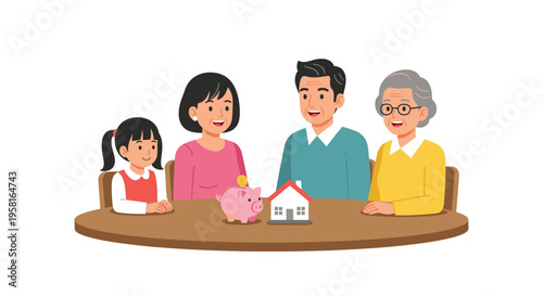 A smiling multi-generational Asian family sits at a table looking at a piggy bank and a house model.
