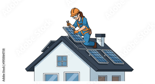 A female technician installs solar panels on a white house roof using a wrench.