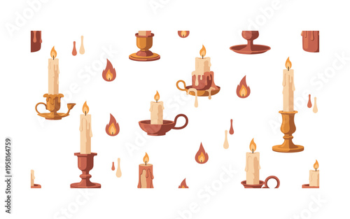 Vintage candle holders seamless pattern, tall candles classic holders wax drips and small flame icons arranged in a repeating pattern, white background with