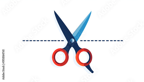 Scissors cutting along a dashed line in a cartoon style with red and blue colors