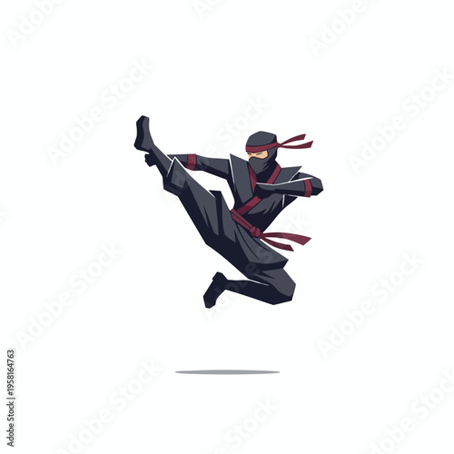 A ninja in black and red attire performs a dynamic airborne kick against a white background