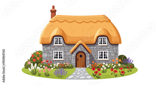 A stone cottage with a rounded thatched roof and a vibrant garden features a cobblestone path leading to its door.