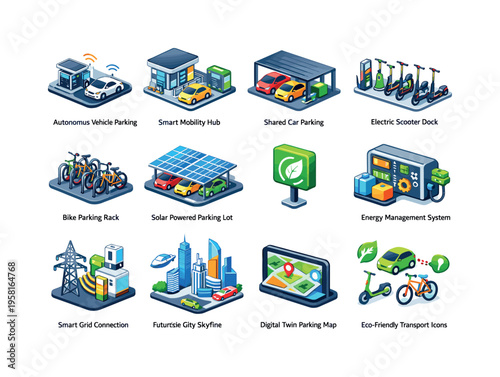 Future mobility parking. Colorful isometric vector icons set of Future mobility parking: autonomous vehicle parking, smart mobility hub, shared car parking,