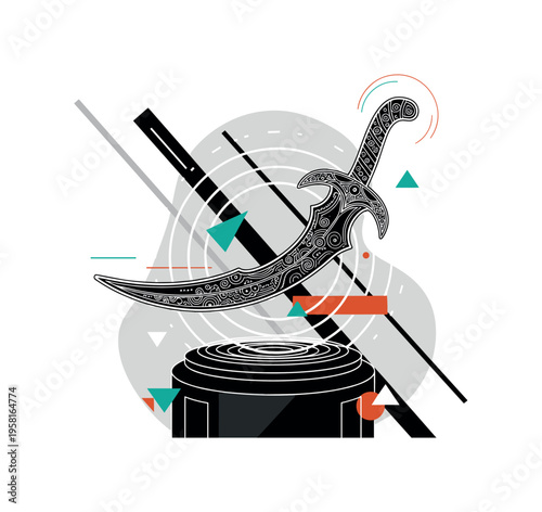 black and white curved magical sword with engraved patterns hovering above abstract pedestal, white contour outline, layered circular halos and diagonal lines