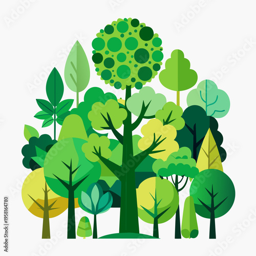 Stylized Forest Illustration with Various Green Trees