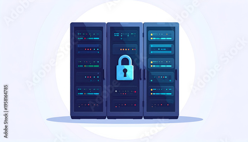Secure network server racks with padlock for cybersecurity in vector illustration