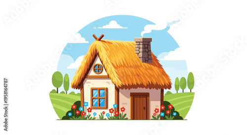 A rustic cottage with a thatched roof and a stone chimney stands on a green hill under a blue sky.