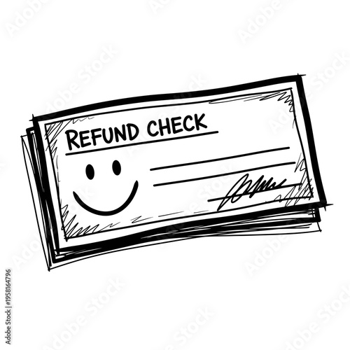 Tax Refund Check Illustration with Smiley Face, Financial Return Concept Hand Drawn Sketch Style Isolated on White