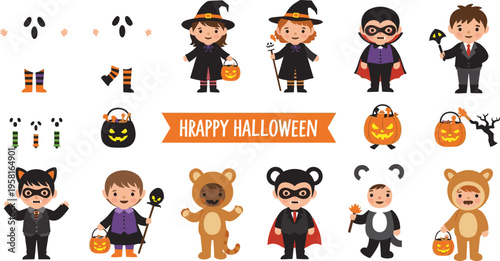 Cute Halloween kids characters set with witch, vampire, pumpkin, costumes and trick or treat elements cartoon vector illustration collection